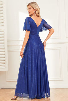 Sparkly Royal Blue A-Line V-Neck Long Prom Dress med Ruffles