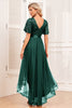 Load image into Gallery viewer, Burgunder A-linje V hals korte ermer høy lav prom kjole