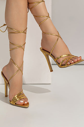 Golden Open Toe Stiletto Sandaler med Lace-up