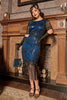 Load image into Gallery viewer, blå paljetter frynser 1920-tallet kjole med ermer