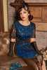 Load image into Gallery viewer, blå paljetter frynser 1920-tallet kjole med ermer