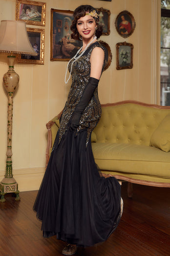 svart gyldne paljetter lang 1920-tallet kjole