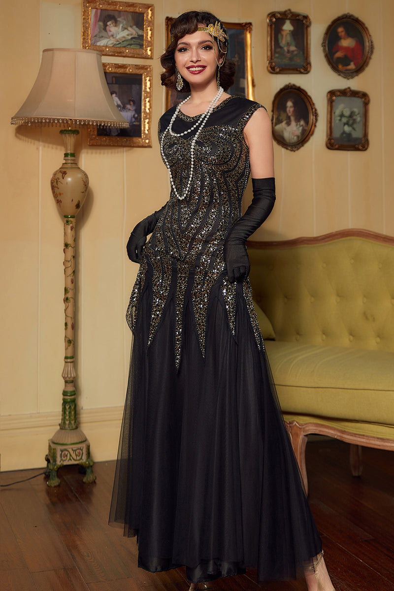 Load image into Gallery viewer, svart gyldne paljetter lang 1920-tallet kjole