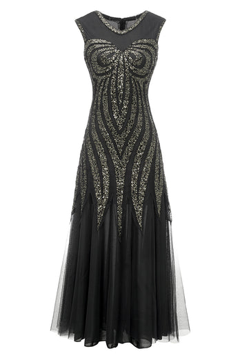svart sølv paljetter lang 1920-tallet kjole