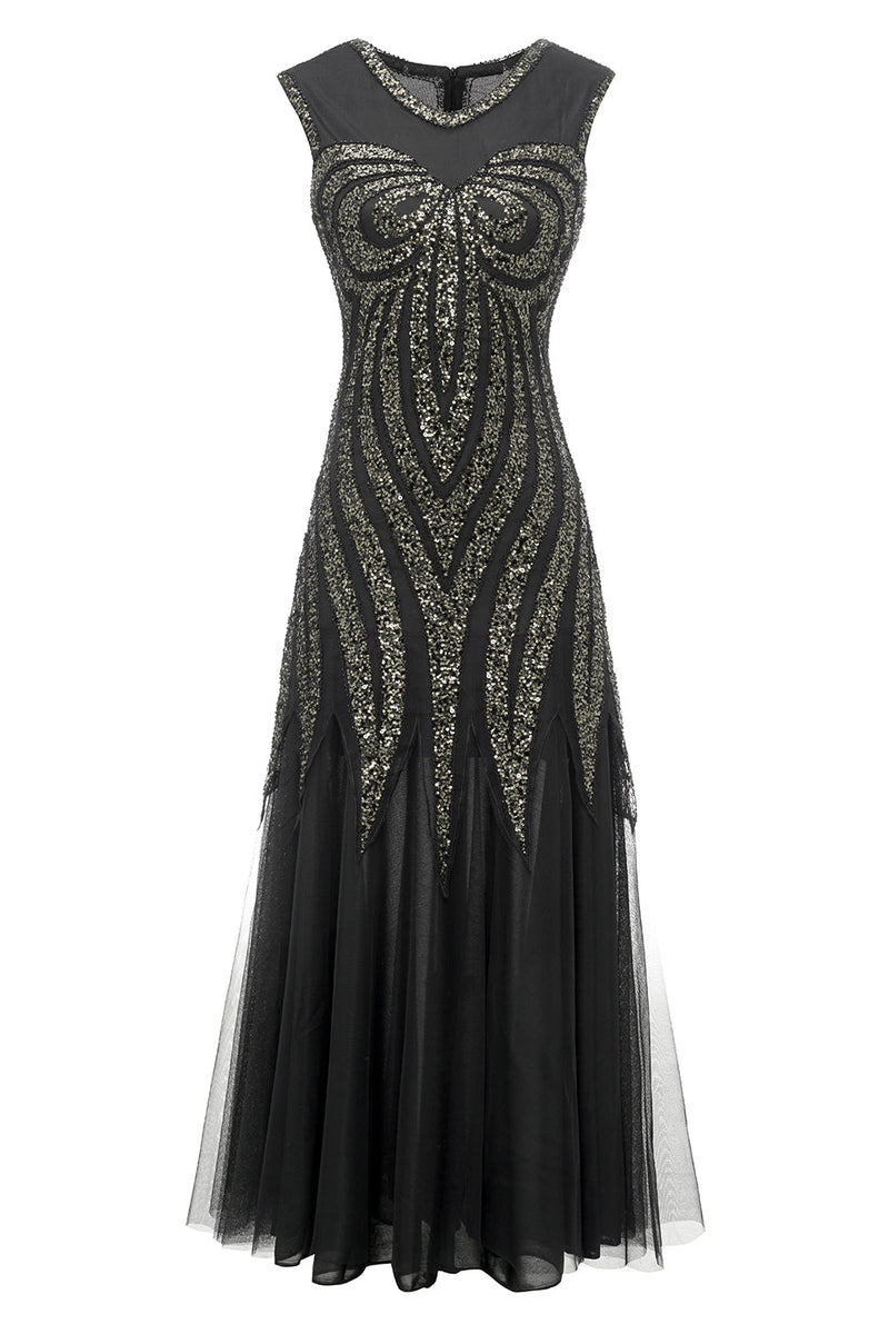 Load image into Gallery viewer, svart sølv paljetter lang 1920-tallet kjole