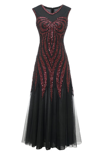 svart rød paljetter lang 1920-tallet kjole