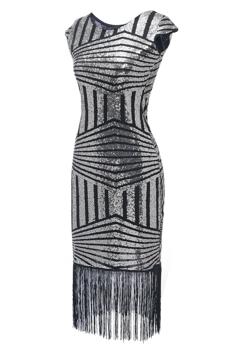 Load image into Gallery viewer, sølv rund hals 1920-tallet flapper kjole