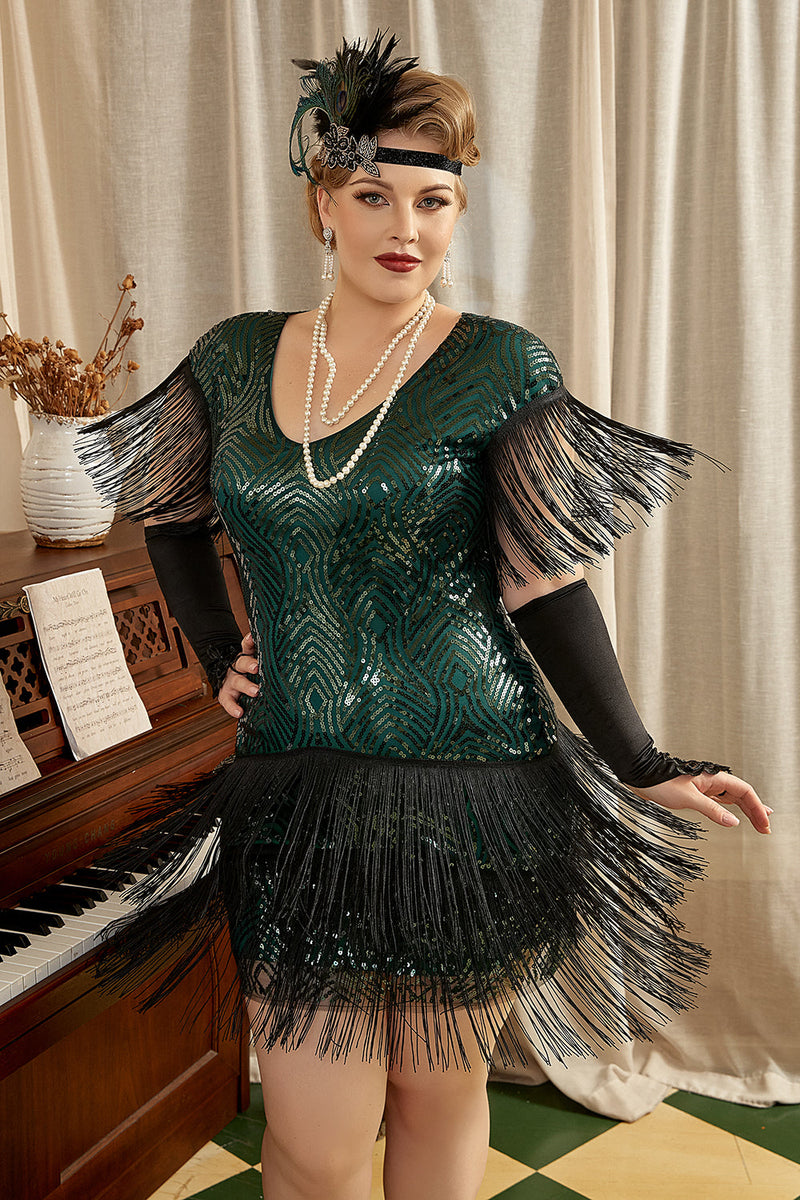 Load image into Gallery viewer, mørkegrønn pluss størrelse 1920-tallet Gatsby kjole