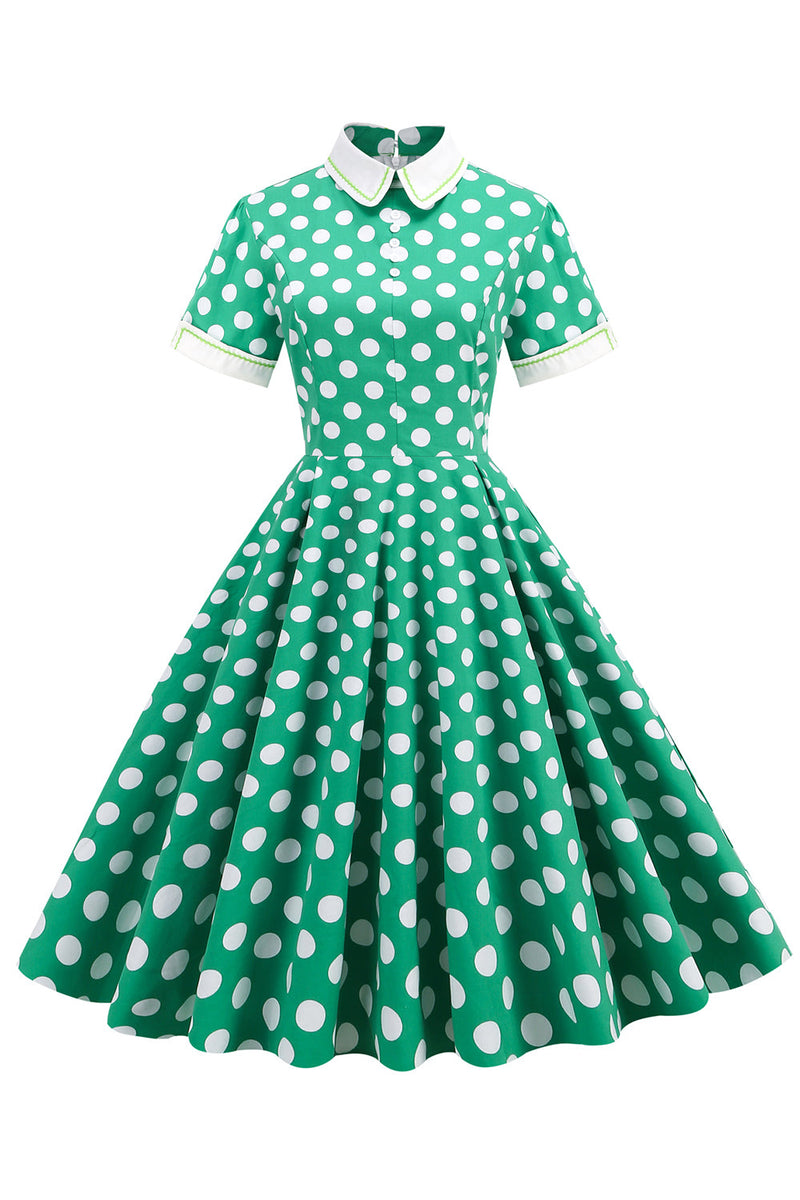 Load image into Gallery viewer, grønn hvit prikk vintage kjole med korte ermer
