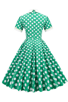 grønn hvit prikk vintage kjole med korte ermer