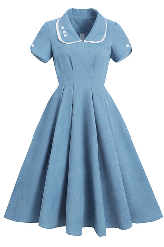 vintage blå solid 1950-tallet swing kjole