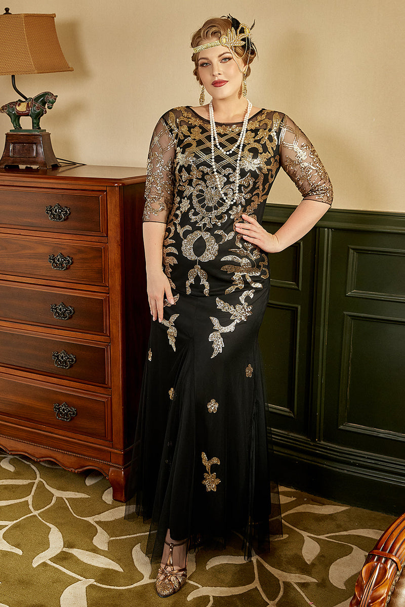 Load image into Gallery viewer, svart gylden pluss størrelse 1920-tallet paljetter kjole