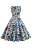 lyseblå floral vintage 1950-tallet kjole