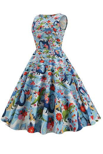 lyseblå floral vintage 1950-tallet kjole
