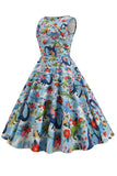 lyseblå floral vintage 1950-tallet kjole