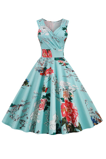 lyseblå v hals 1950 vintage kjole