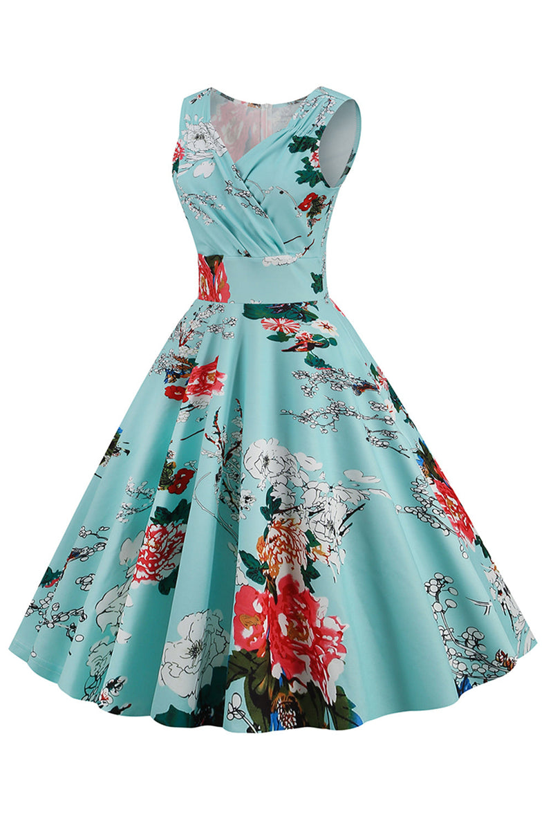 Load image into Gallery viewer, lyseblå v hals 1950 vintage kjole