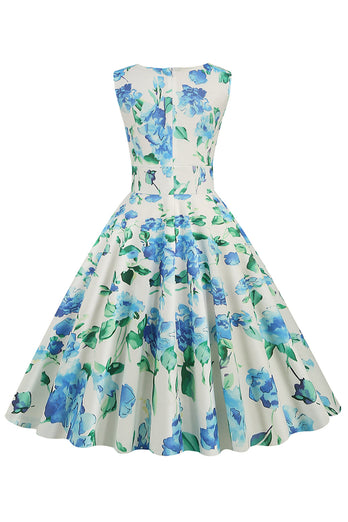 v nakke lys blå 1950-tallet vintage kjole