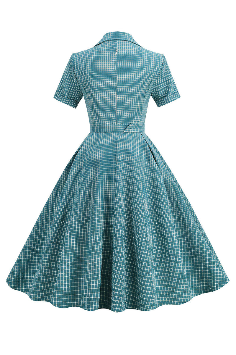 Load image into Gallery viewer, vintage v nakke blå rutete 1950-tallet kjole