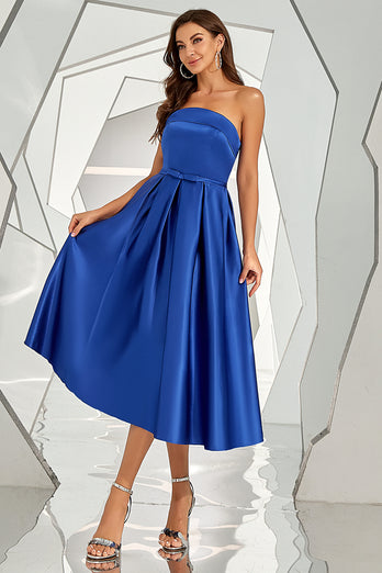 kongelig blå stroppeløs hjemkomst kjole