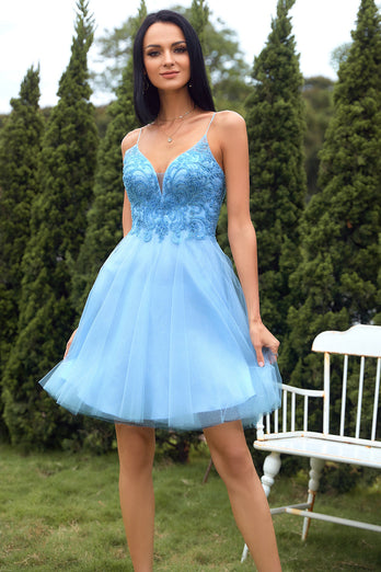 blå A-linje søt homecoming kjole med appliques