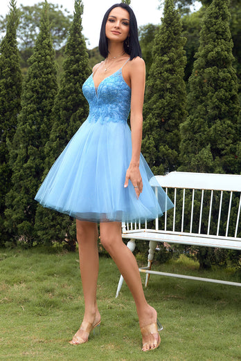 blå A-linje søt homecoming kjole med appliques