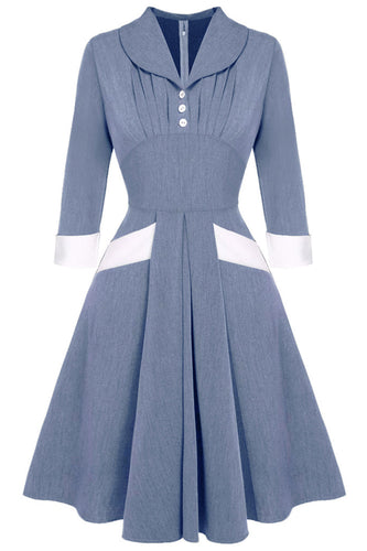 grå blå 1950-tallet swing kjole med lange ermer
