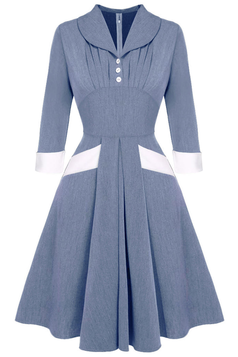 Load image into Gallery viewer, grå blå 1950-tallet swing kjole med lange ermer