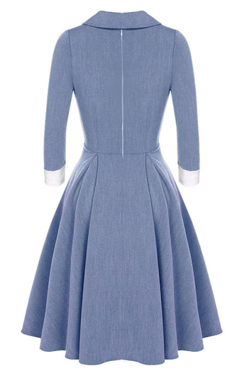 grå blå 1950-tallet swing kjole med lange ermer