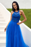 Royal Blue Tulle Prom Kjole med Appliques