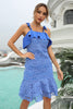 Load image into Gallery viewer, skjede spaghetti stropper blå blonder kjole med ruffles