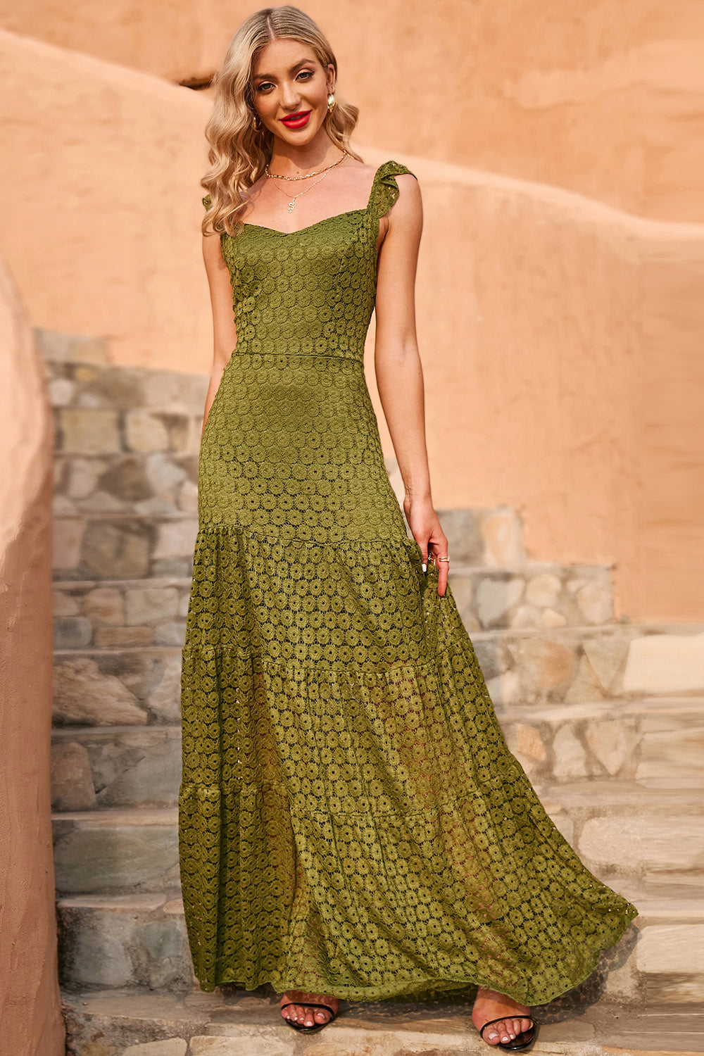 hæren grønn sommer blonder maxi kjole