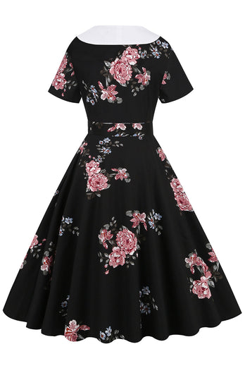 svart floral trykt vintage kjole med belte