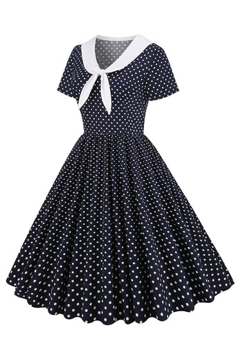 svart og hvit polka prikker vintage 1950-tallet kjole med bowknot