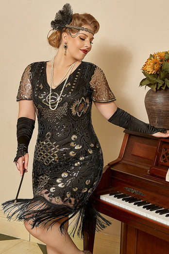 svart gylden beaded paljetter 1920s plus size kjole