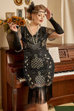 svart gylden beaded paljetter 1920s plus size kjole