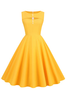 retro stil gul 1950-talls kjole med nøkkelhull
