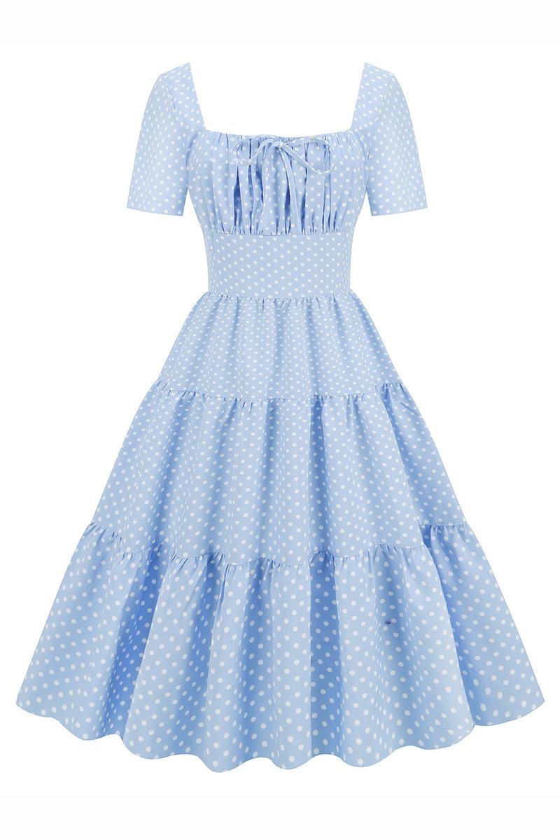 Load image into Gallery viewer, lyseblå polka prikker swing 1950-tallet kjole