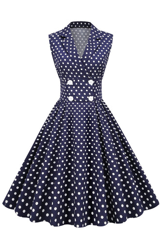 Navy V-Neck Polka Dots 1950-tallet Swing Dress