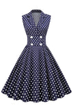 Navy V-Neck Polka Dots 1950-tallet Swing Dress