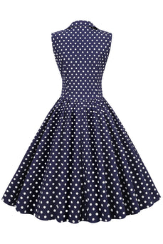 Navy V-Neck Polka Dots 1950-tallet Swing Dress