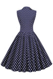 Navy V-Neck Polka Dots 1950-tallet Swing Dress