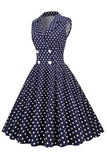 Navy V-Neck Polka Dots 1950-tallet Swing Dress