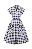 Navy Plaid Lapel Neck 1950-tallet Kjole med lommer