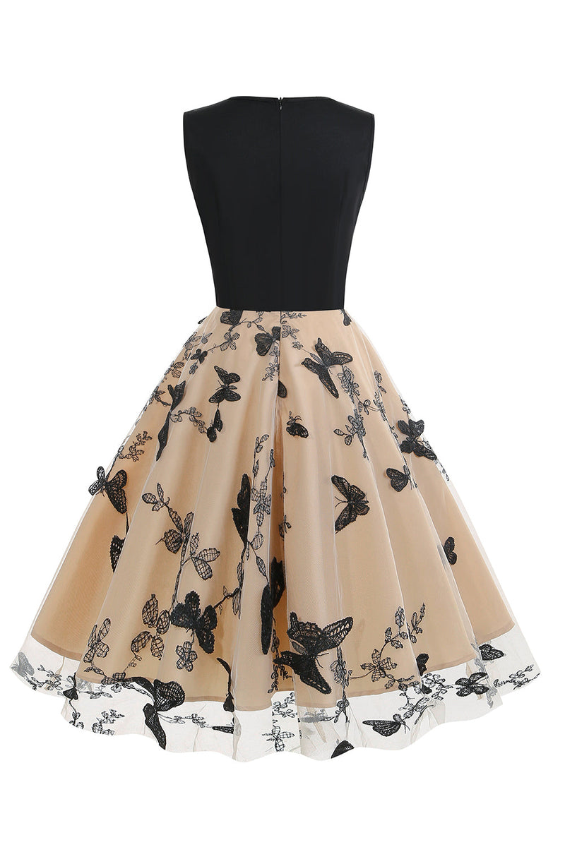 Load image into Gallery viewer, svart v-hals vintage 1950-tallet kjole med appliques