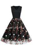 Svart Vintage 1950-tallskjole med broderi