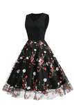 Svart Vintage 1950-tallskjole med broderi