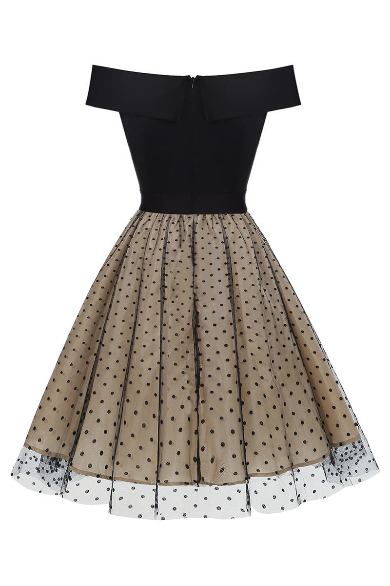 Load image into Gallery viewer, svart av skulderen polka prikker 1950-tallet kjole