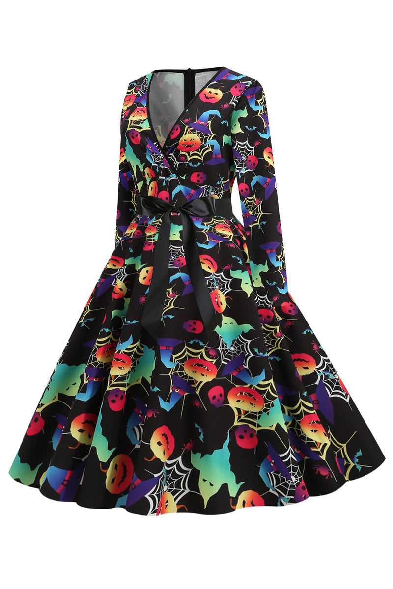 Load image into Gallery viewer, v-hals langermet halloween hodeskalle print vintage kjole