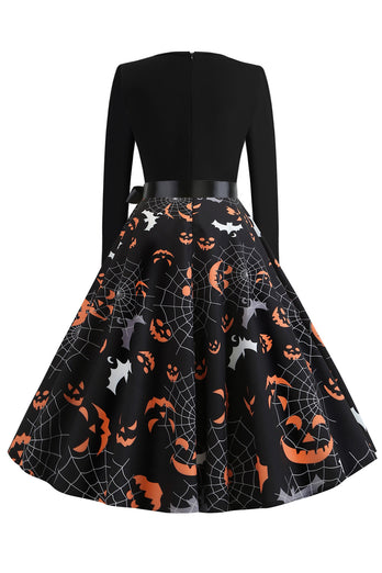 v hals svart halloween vintage kjole med lange ermer